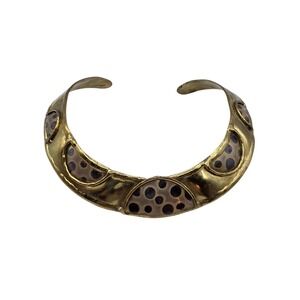Vintage Bronze Brutalist Leopard‎ Print Patina Textured Choker Collar Necklace